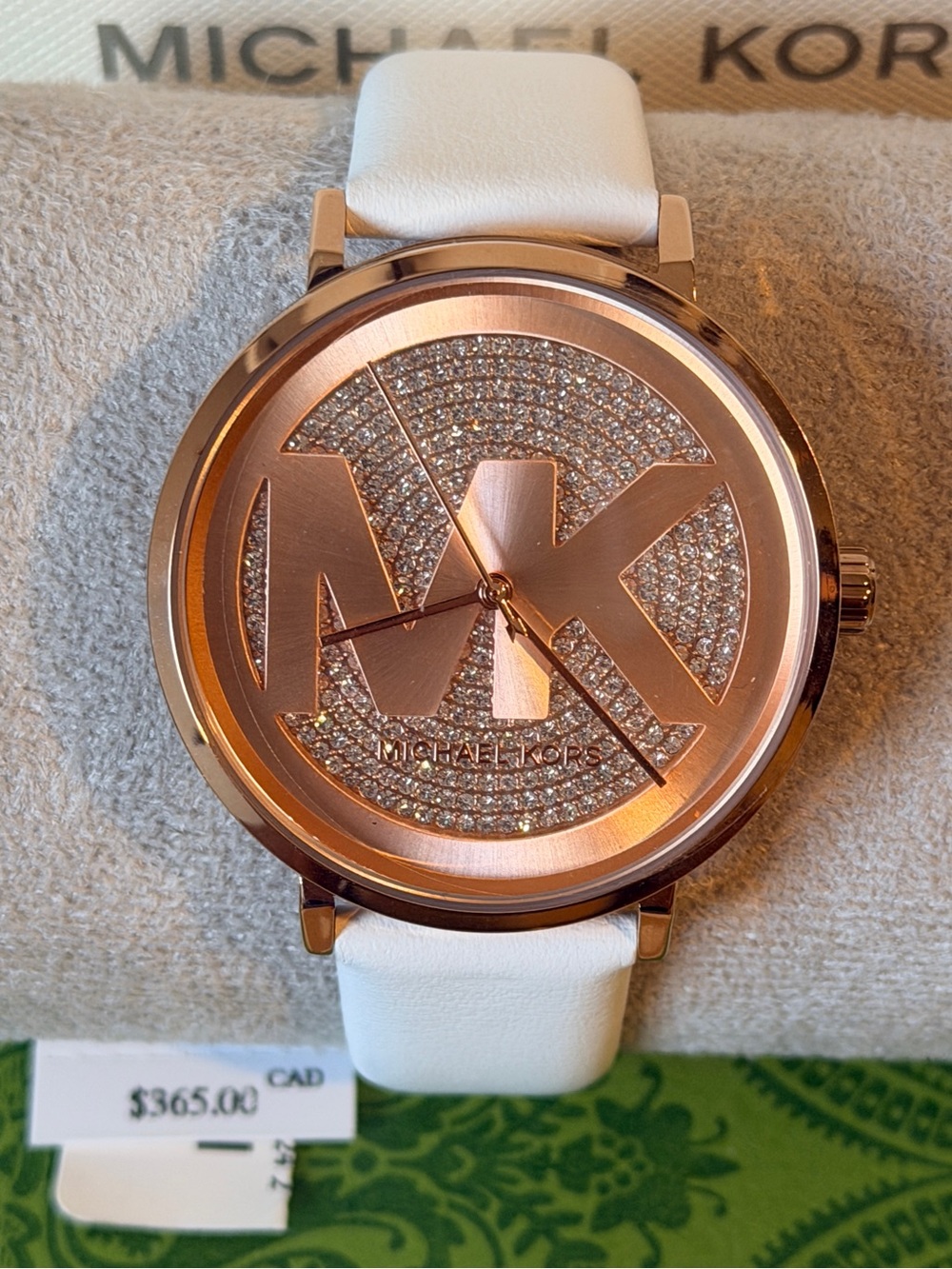 Michael Kors Rose Gold Crystal Dial White Leather Strap Watch NEW